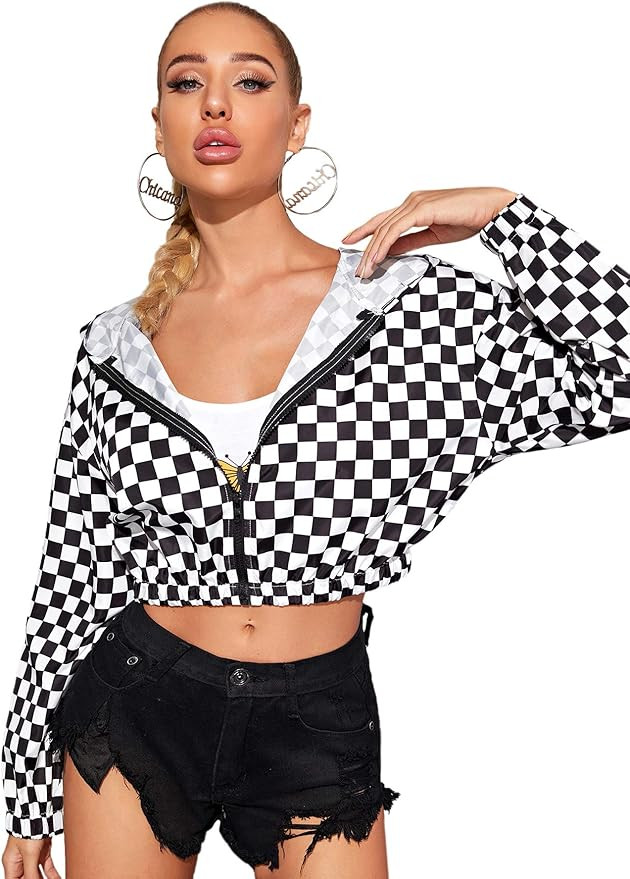 WDIRARA Women's Zip Front Plaid Print Long Sleeve Stand Collar Casual Jacket | Amazon (US)