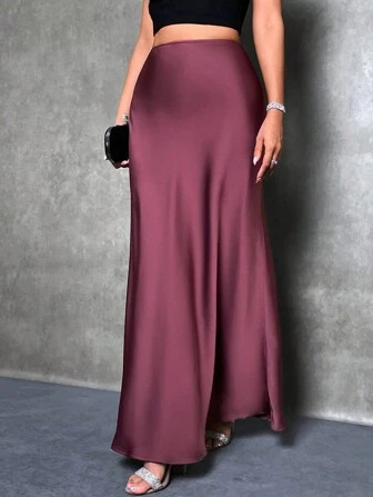 SHEIN Raffinéa High Waist Solid Maxi Satin Skirt Burgundy Color Women Outfit | SHEIN