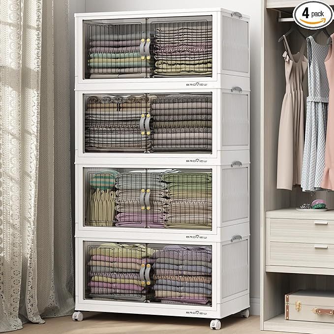 480 Qt Stackable Storage Bins with Lid, Plastic Closet Organizers and Storage Drawer, Collapsible... | Amazon (US)