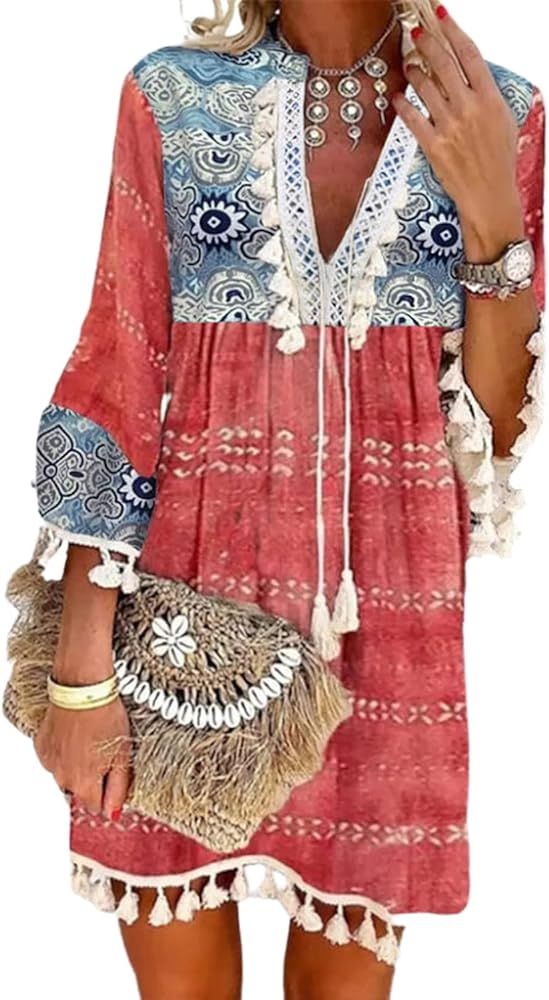 Women Print V Neck Tassel 3/4 Sleeve Knit Shift Dress Bohemian Casual Knee Length Dress | Amazon (US)