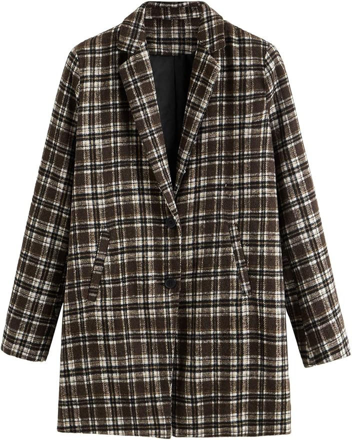 SheIn Women's Lapel Collar Coat Long Sleeve Plaid Blazer Outerwear | Amazon (US)