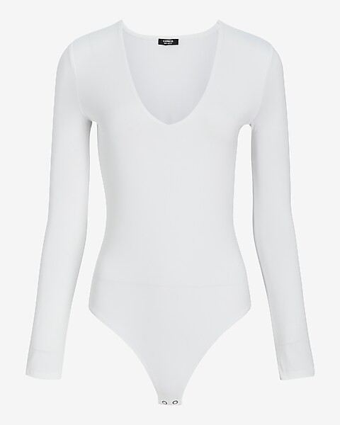 Body Contour Silky V-neck Long Sleeve Thong Bodysuit | Express