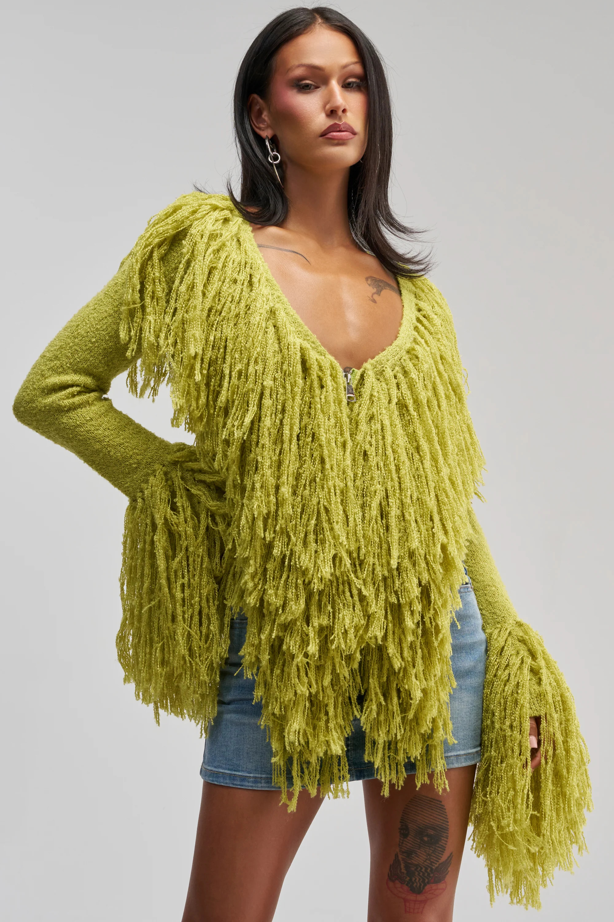 AT YOUR BEST FRINGE CARDIGAN IN CHARTREUSE | AKIRA