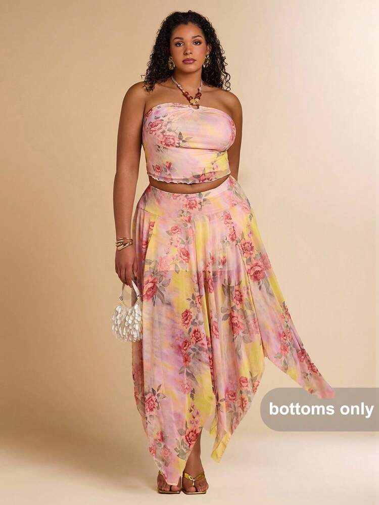 SHEIN BAE Plus Size Women Summer Beach Holiday Floral Tie-Dye Print Hanky Hem Skirt | SHEIN