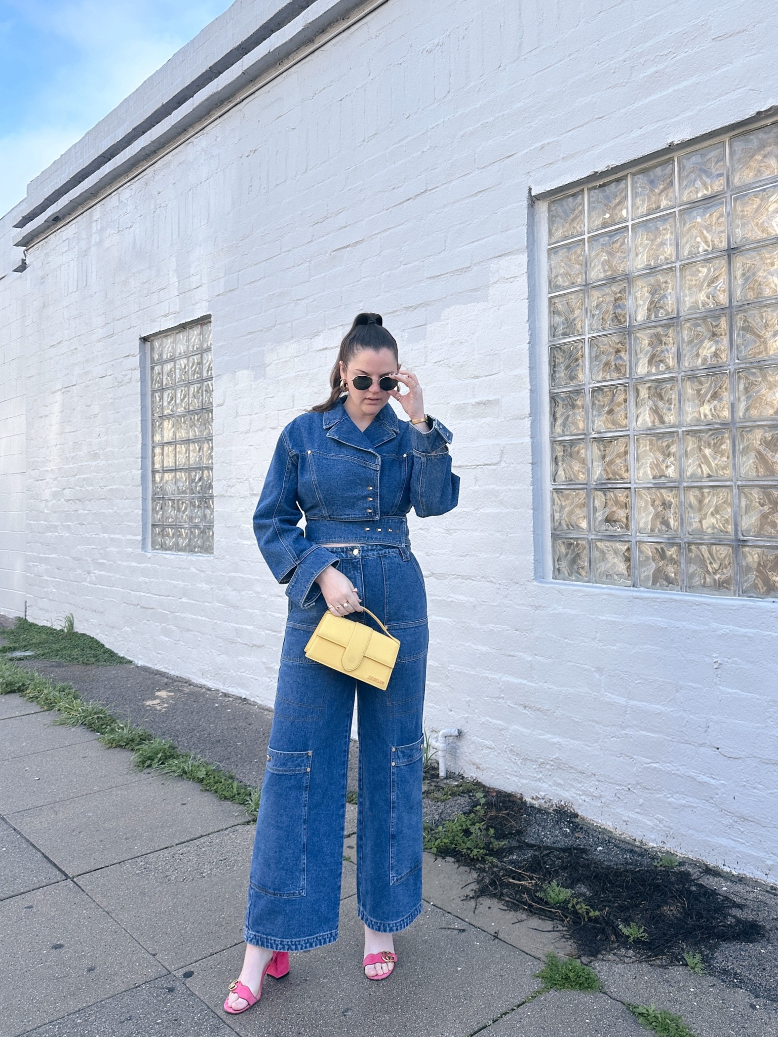 CULT GAIA Georgia cutout denim jacket, Wynn high-rise wide-leg cargo jeans, matching set, co-ord, jeans, denim set, fall / winter, spring / summer, gucci hot pink marmont sandals heels, Jacquemus Le Grand Bambino crossbody bag, yellow designer purse, gold jewelry from Amazon (hoop earrings, rings), rayban sunglasses, chunky gold medium hoop earrings

#LTKstyletip #LTKfindsunder50 #LTKfindsunder100