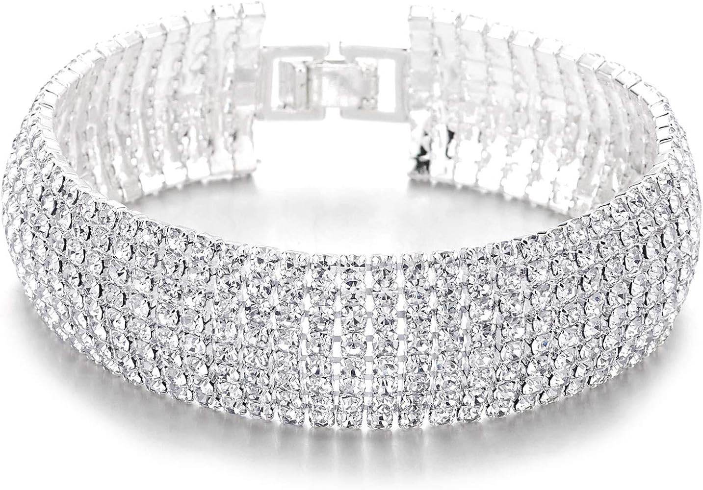 COOLSTEELANDBEYOND Sparkling Womens Crystal Rhinestones Cluster Wide Bangle Bracelet, Necklace, L... | Amazon (US)