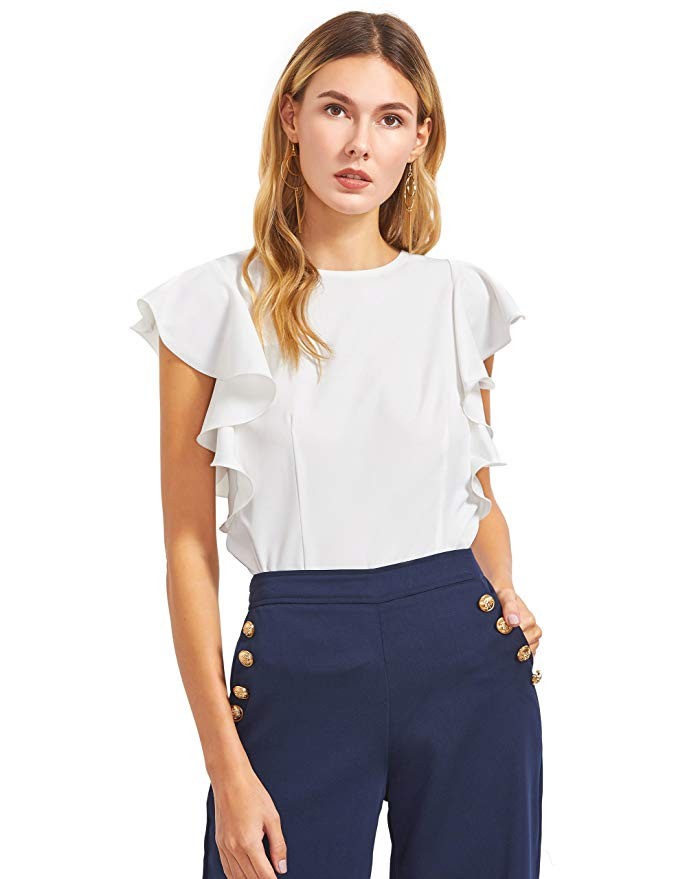 MAKEMECHIC Women's Solid Ruffle Sleeve Summer Tops and Blouses | Amazon (US)