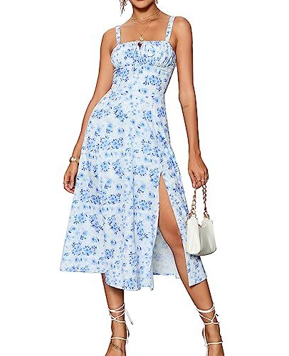 Floral Midi Corset Dress Boho Flowy Slit Lace Up Dresses for Women Going Out A Line Casual Sundre... | Amazon (US)