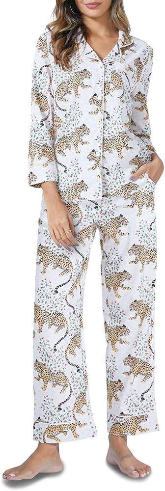 Danedvi Women's 2 Piece Long Sleeve Pajama Set Leopard Print Sleepwear Notch V Neck Tops with Poc... | Amazon (US)