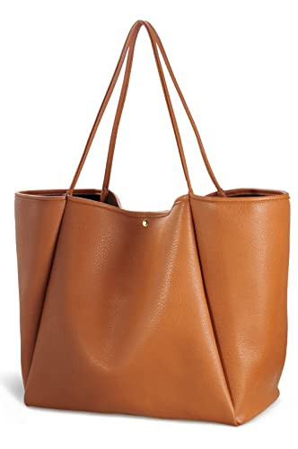 HOXIS Oversize Pu Leather Tote Women Weekender Bag Shopper Handbag Travel Purse (Orange-brown) | Amazon (US)