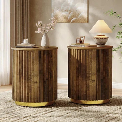 Rustic Fluted Round End Table With Gold Base | Wayfair North America