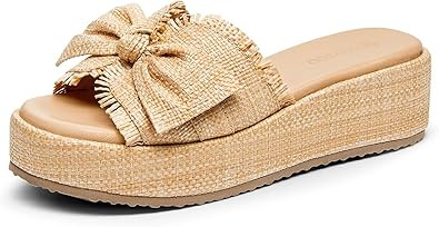 Coutgo Womens Platform Wedge Sandals Bow Open Toe Slide Sandals Straw Slip On Summer Beach Shoes | Amazon (US)