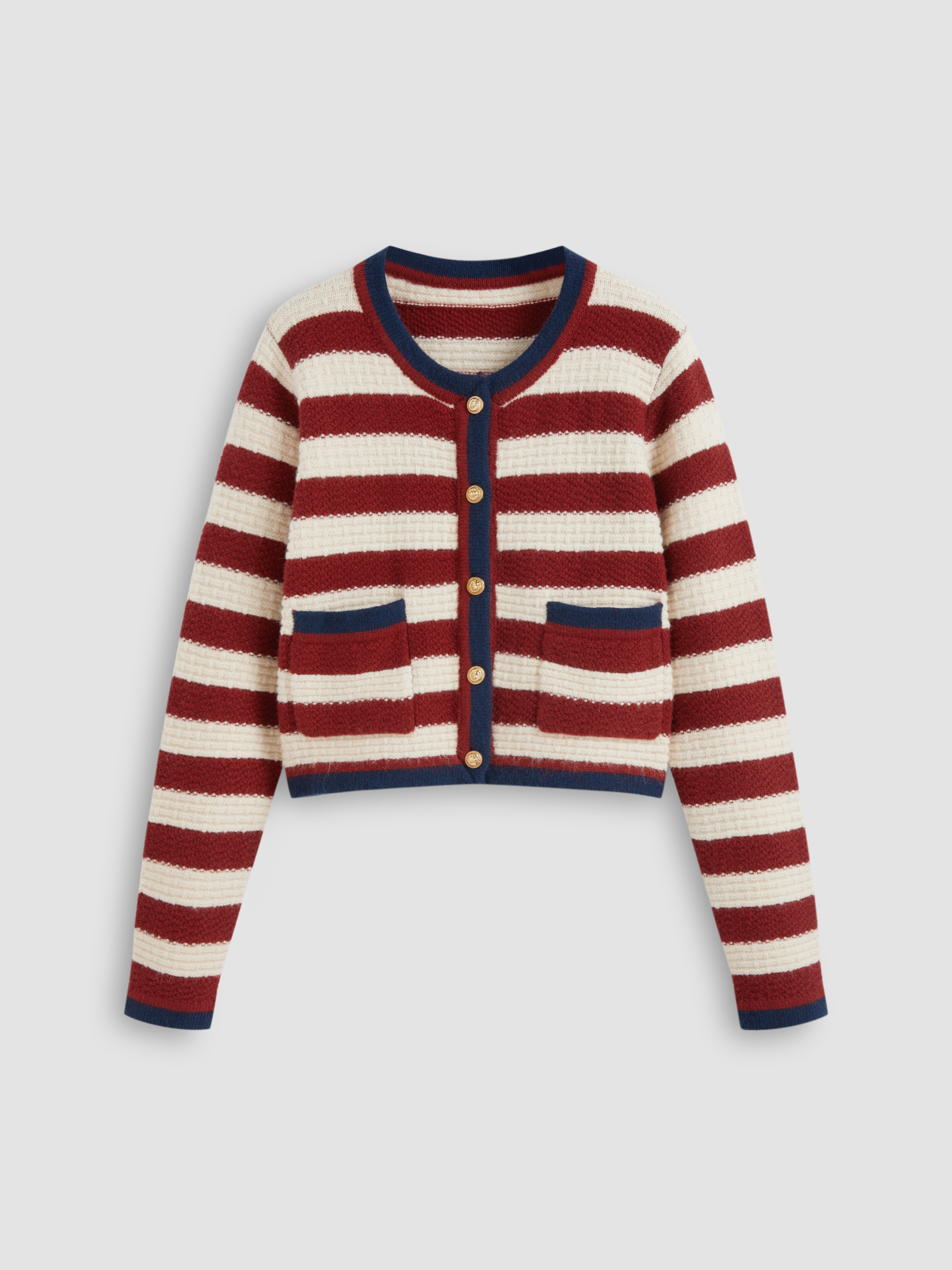 Knit Fabric Knit Round Neck Striped Contrasting Binding Pocket Cropped Cardigan For School Daily ... | Cider