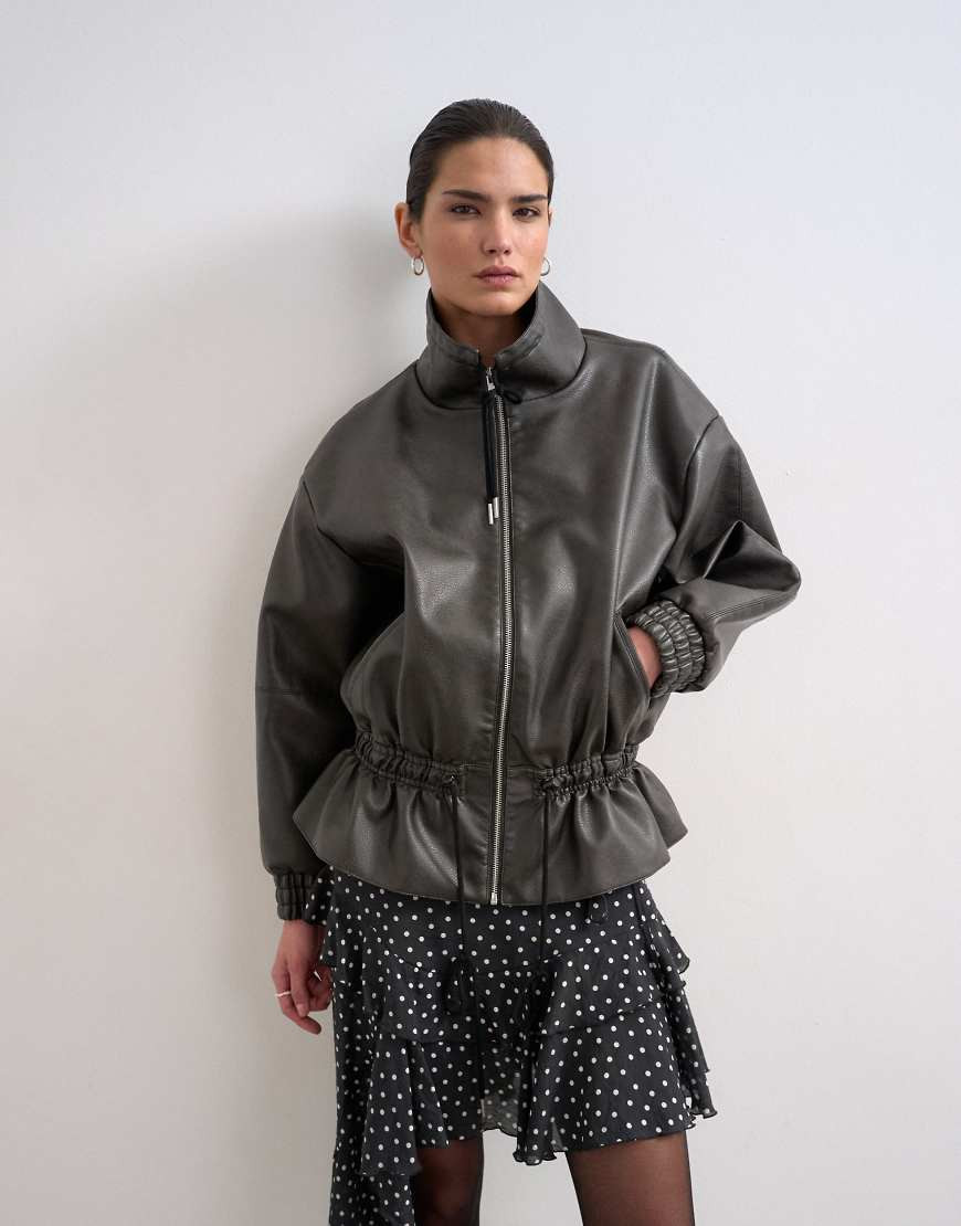 Topshop toggle waist leather look funnel zip up jacket in black | ASOS (Global)