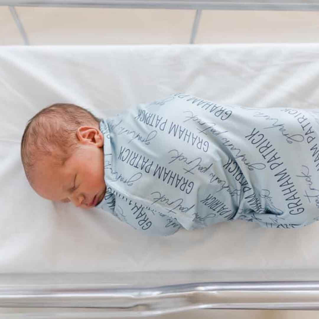 Personalized Light Dusty Blue Baby Name Swaddle Blanket - Block & Script | Caden Lane