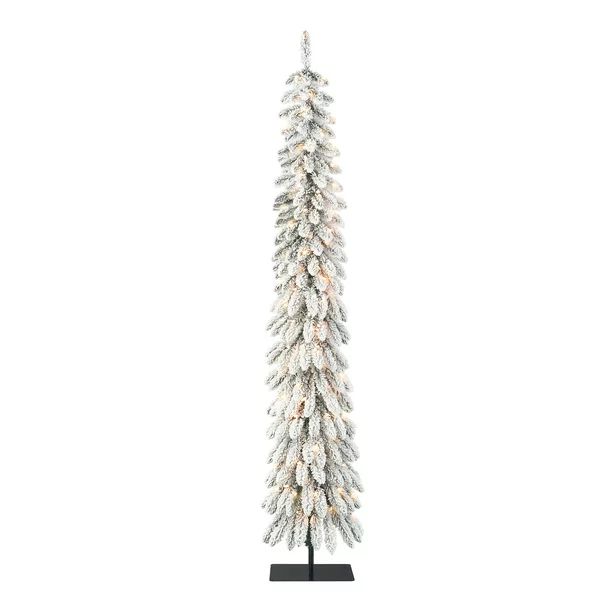 Holiday Time 7ft Pre-Lit Flocked Pencil Alpine Artificial Christmas Tree, Green, 7', Clear - Walm... | Walmart (US)