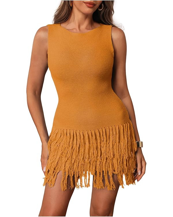 Women's Fringe Sleeveless Mini Dress Crew Neck Bodycon Knit Party Club Dresses | Amazon (US)