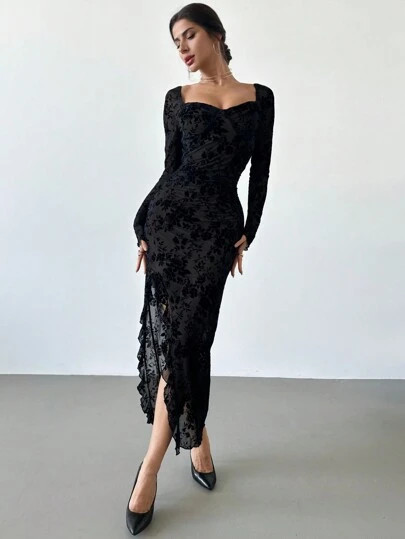 Firerie New Autumn/Winter Elegant Floral Flocked Square Neck Ruched & Slit Ruffle Hem Slimming Dr... | SHEIN