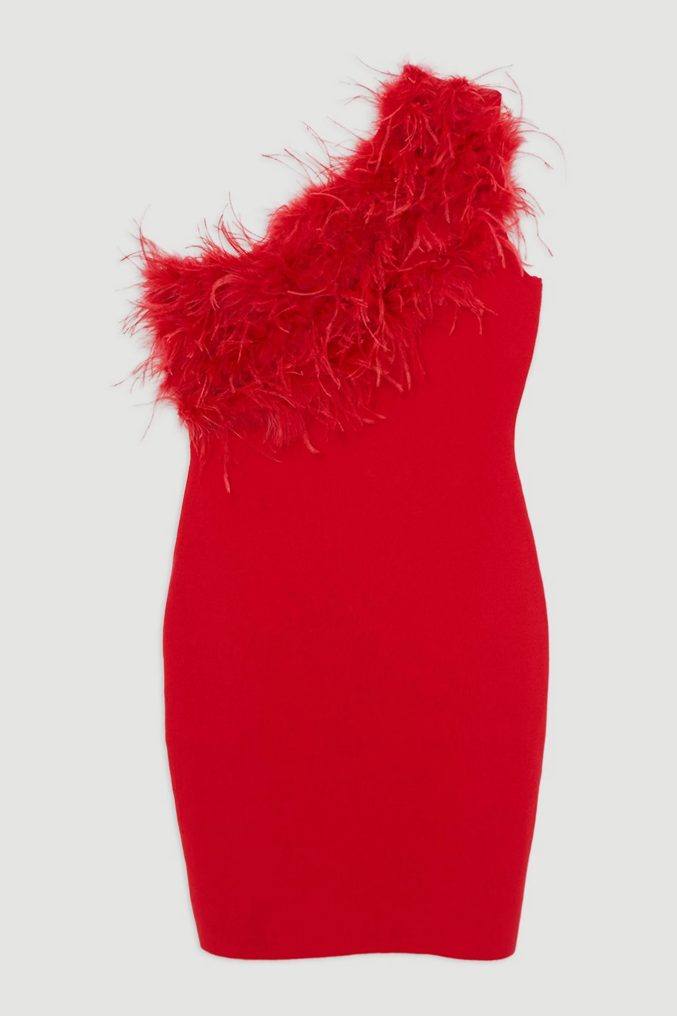 One Shoulder Feather Detail Viscose Blend Knit Mini Dress | Karen Millen US
