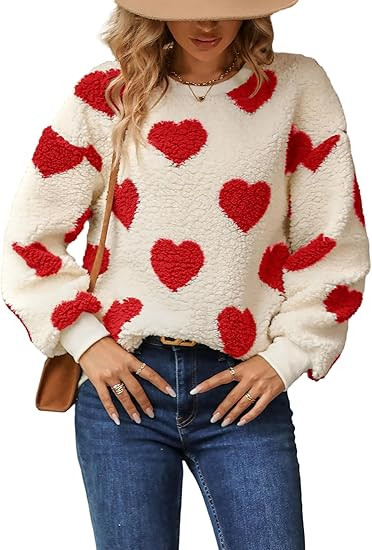 micidad Womens Sherpa Fleece Sweatshirt Cute Heart Print Crewneck Sweathirts Long Sleeve Casual P... | Amazon (US)