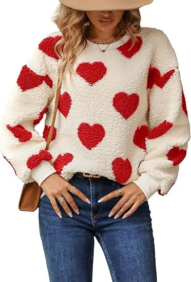 micidad Womens Sherpa Fleece Sweatshirt Cute Heart Print Crewneck Sweathirts Long Sleeve Casual P... | Amazon (US)
