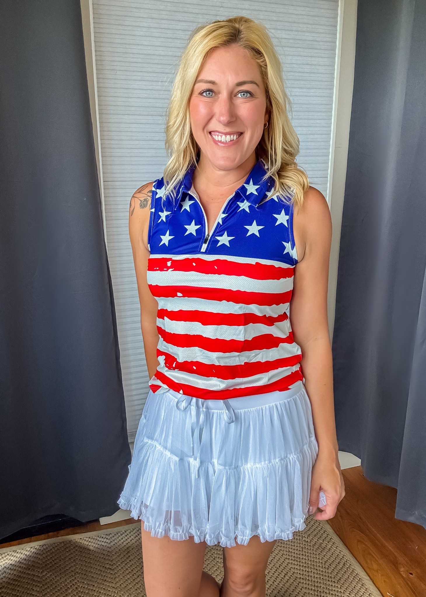 This playful combo takes patriotic chic to a whole new level — think sporty on top, party on the bottom. Perfect for parades, fireworks, or even golf! 🇺🇸