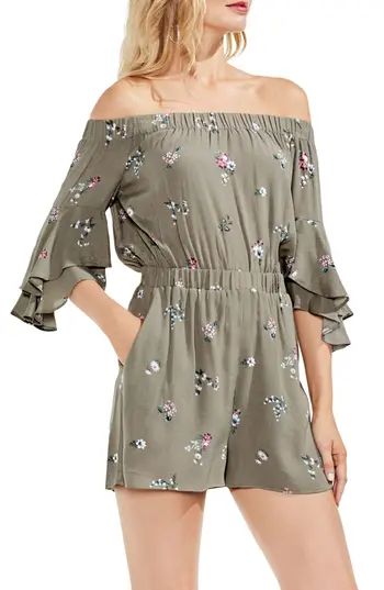 Women's Vince Camuto Off The Shoulder Ruffle Sleeve Floral Romper | Nordstrom