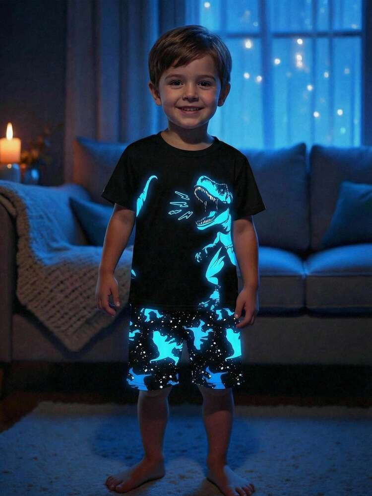Bubblio Young Boys Black Knitted Short Sleeve Regular Length Dinosaur Animal Print PJ Set2pcs Young Boy Snug Fit Glow-In-The-Dark Dinosaur Print Short Sleeve Shorts Knit Soft & Breathable Pajama Set,Toddler Boy Clothes,Toddler,Easter Gift For Boys Night Clothes For Boys Glow In The Dark Pajamas Boys Pajama Sets Shorts | SHEIN