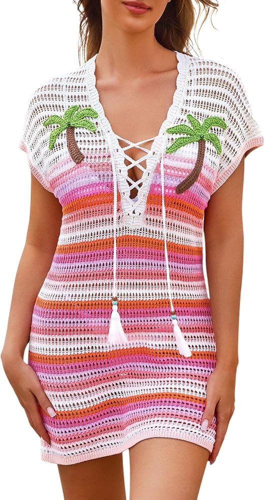 Crochet Beach Cover Up, Colorful Striped Cute Swimsuit Coverup 3D Coconut Tree Deep V Dress Vacation Resort Wear | Amazon (US)