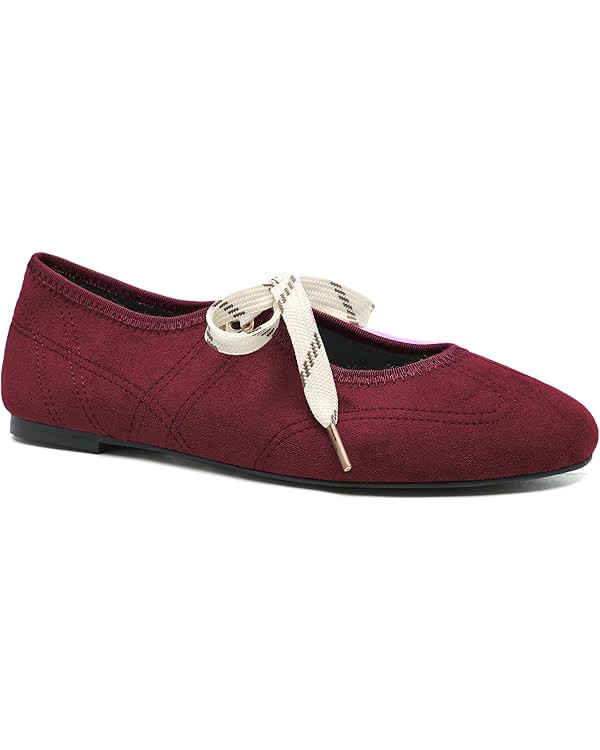 Lace up Round Toe Ballet Flats for Women Cute Slip on Soft Mary Jane Flats Casual Ballerina Shoes | Amazon (US)