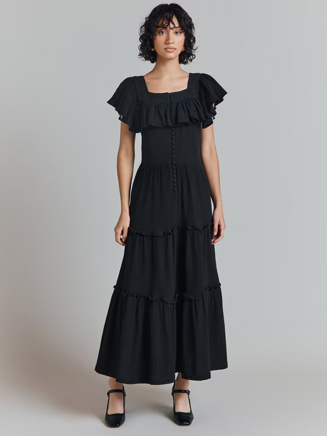 GhostAlba Tiered Midi Dress, Black | John Lewis (UK)
