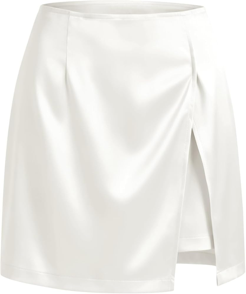 Cicy Bell Womens Satin Mini Skirt Casual High Waisted Side Slit A-line Work Skirts with Shorts | Amazon (US)