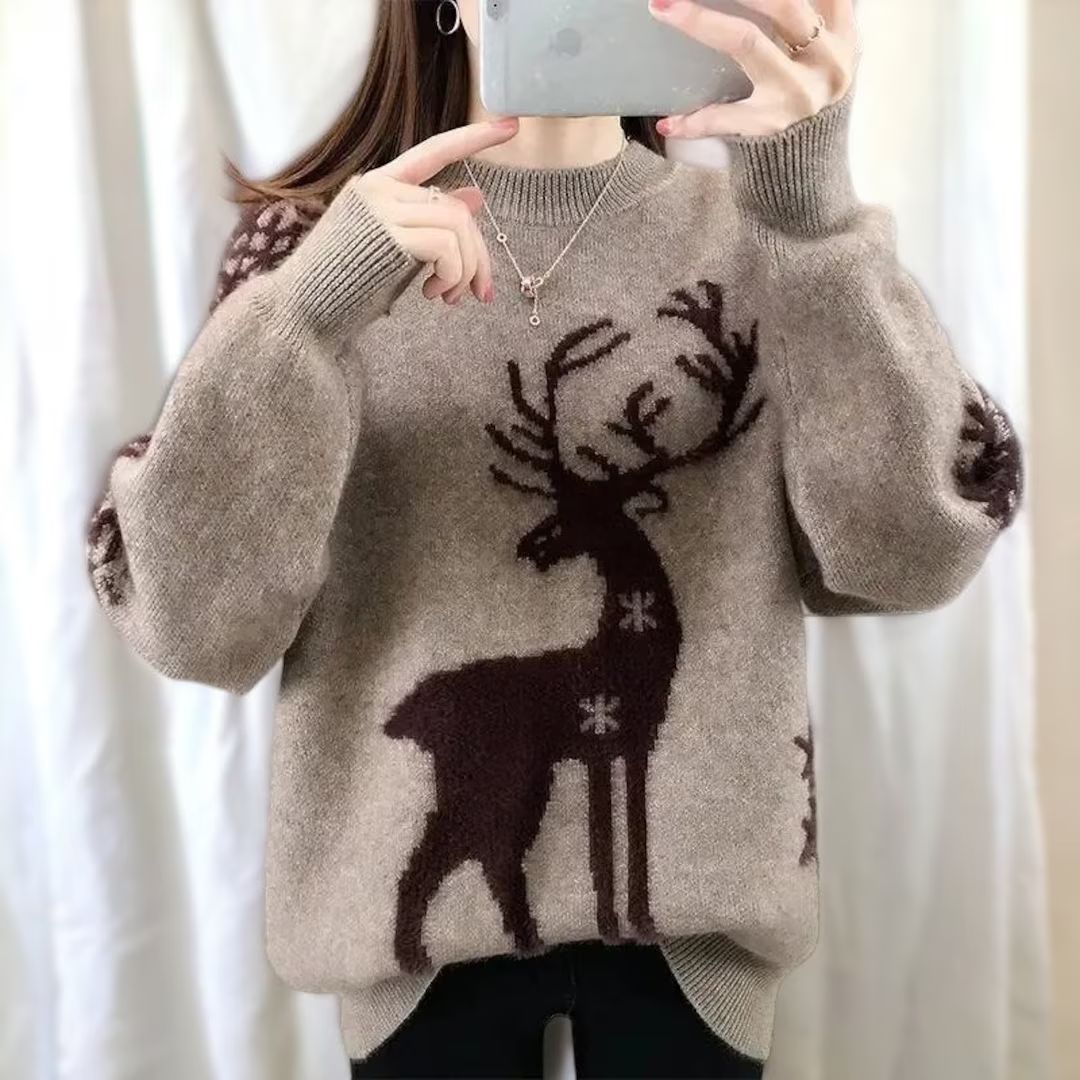 Women's Christmas Reindeer Sweater Loose Knit Warm - Etsy | Etsy (US)