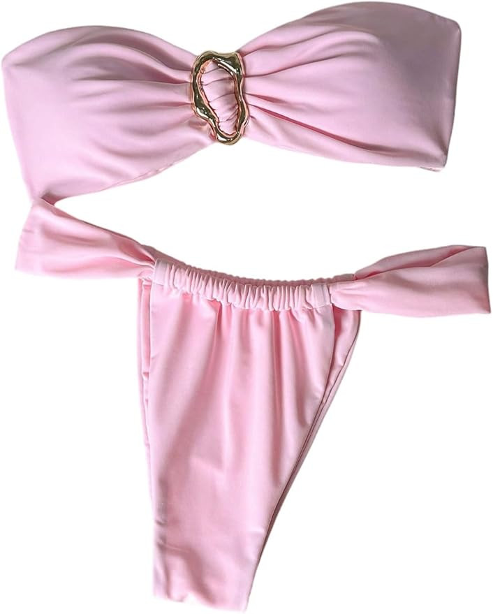 SOLY HUX Women's Strapless Bandeau Bikini Set Metal Ring Thong Swimsuit Two Piece Bathing Suit | Amazon (US)