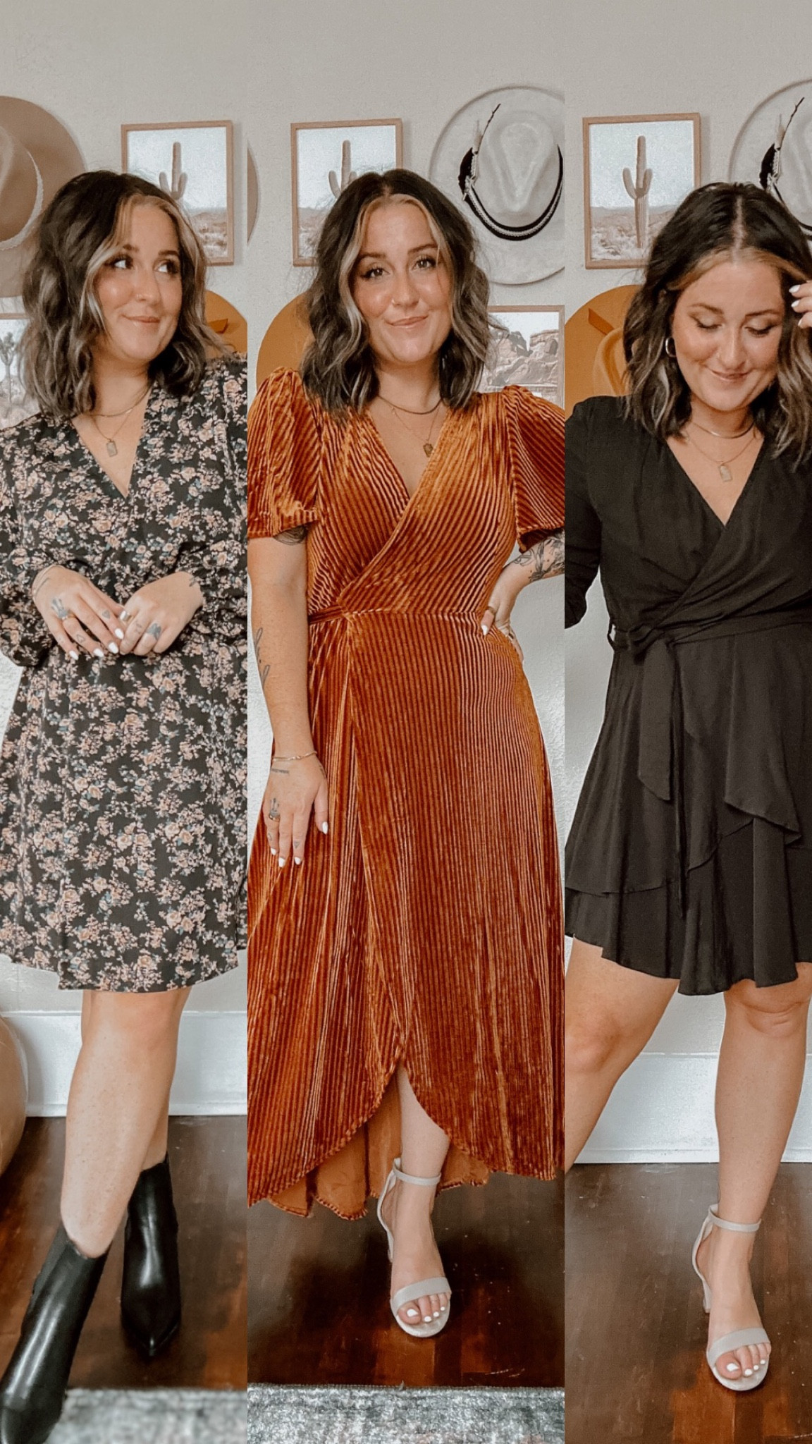 Fall wedding guest dresses! Fall wedding guest outfit ideas. Affordable fall wedding guest dresses. Wearing small in black floral and black dress. Wearing medium in rust velvet midi dress. 

#LTKfindsunder50 #LTKwedding #LTKSeasonal