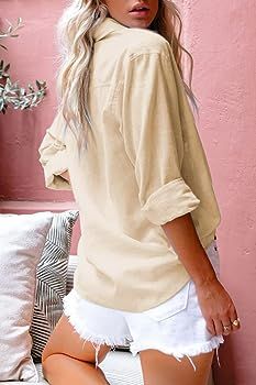 ZAAYO Women's Bamboo Cotton Linen V Neck Button Down Shirt Long/Roll Up Sleeve Casual Collared Wo... | Amazon (US)