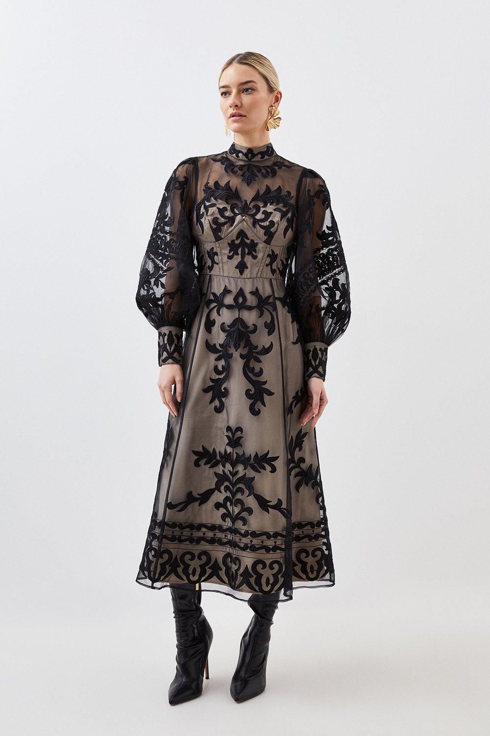 Petite Baroque Applique Woven Maxi Dress | Karen Millen UK + IE + DE + NL