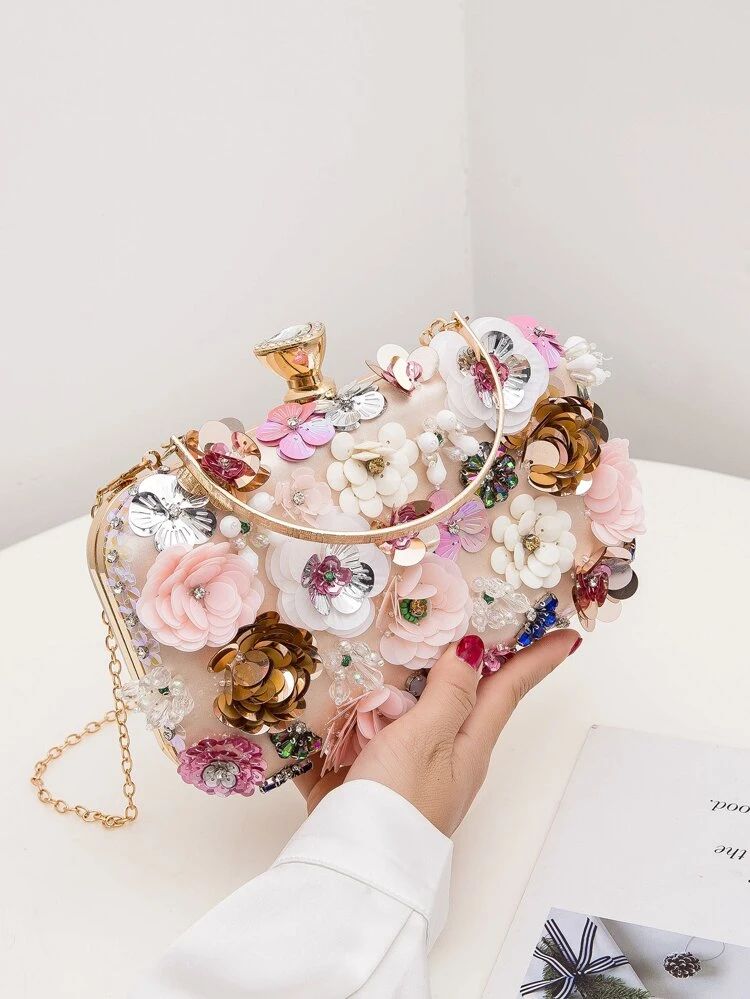Floral Appliques Chain Clutch Bag | SHEIN