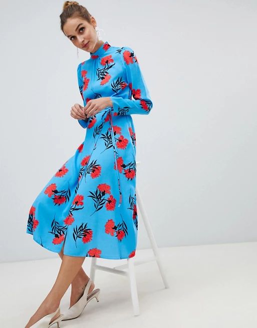 River Island floral print high neck midi dress in blue | ASOS US