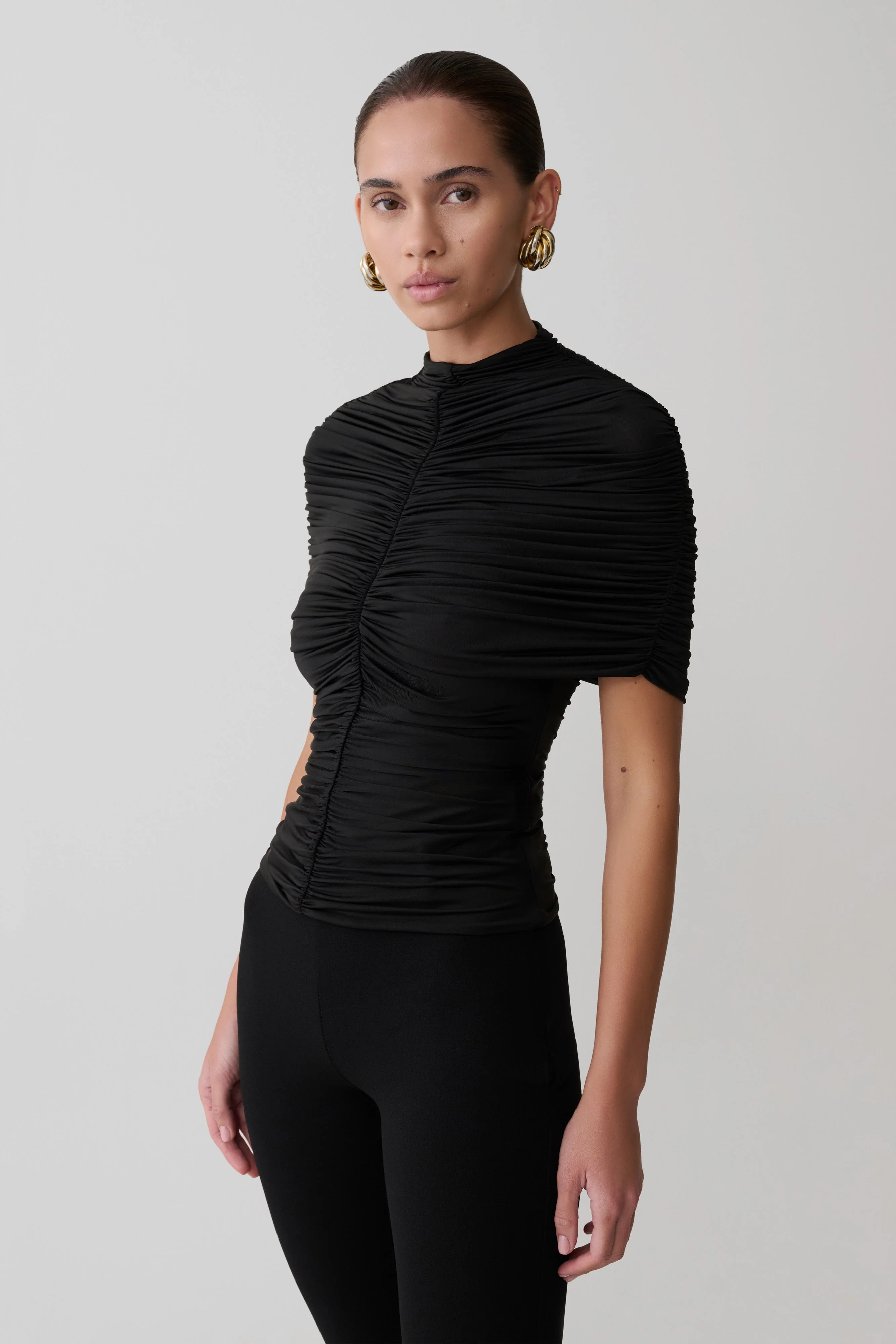 Linh Slinky High Neck Gathered Top - Black | MESHKI US