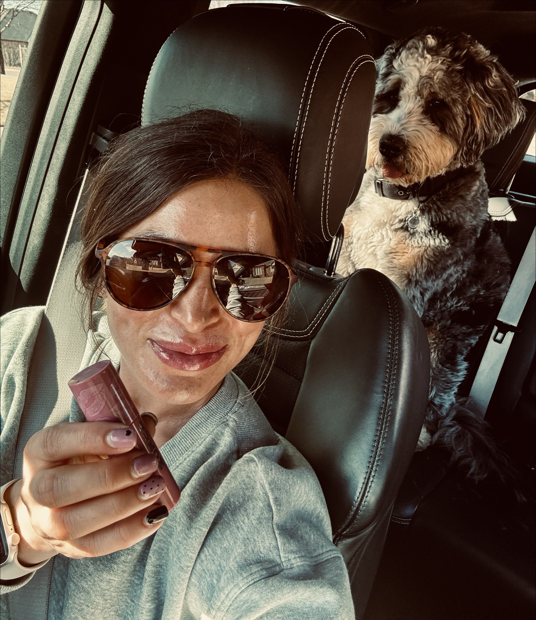 ⭐️ Carline essentials:
	•	Sunglasses to hide the chaos 
	•	Lip gloss so I look like I tried
	•	90 lb emotional support doodle

#LTKmomlife