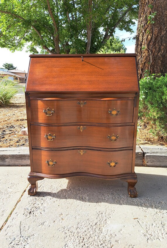 Vintage Walnut Serpentine Locking Drop Front Secretary Desk - Etsy | Etsy (US)