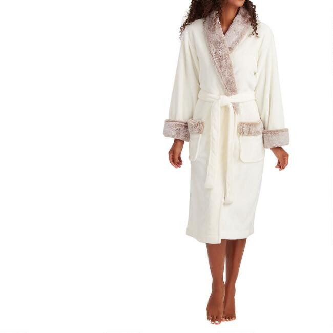 Ivory Fleece Robe with Faux Fur Trim | World Market