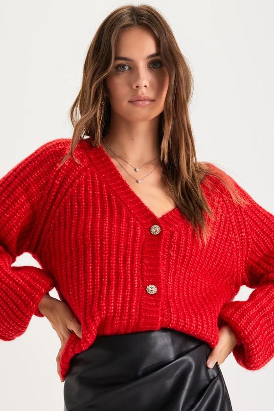 Sparkling Season Red Rhinestone Button-Up Cardigan Sweater | Lulus (US)