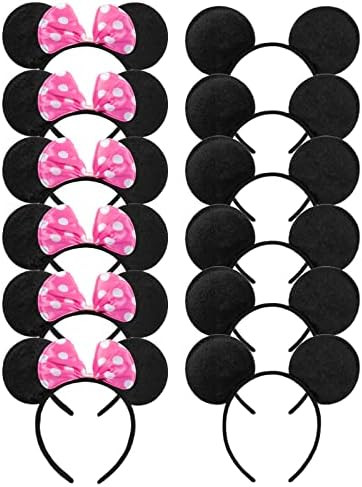 CHuangQi Mouse Ears Solid Black and Pink Bow Headband for Boys & Girls Birthday Party, Pack of 12 | Amazon (CA)