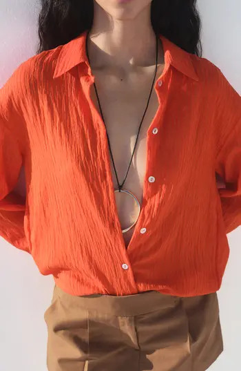 MANGO Oversize Crinkled Effect Button-Up Shirt in Orange at Nordstrom Rack, Size 6 | Nordstrom Rack