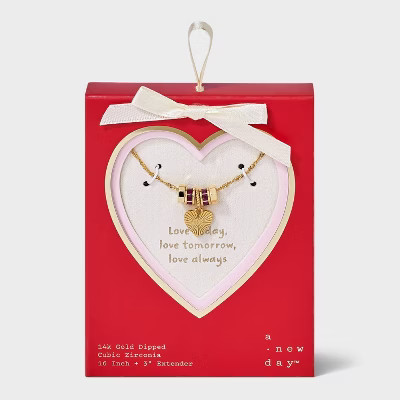 14K Gold Dipped Cubic Zirconia Rondelle Heart Necklace - A New Day™ Gold/Pink | Target