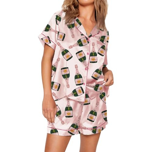 ZZEVOLSS Women Champagne Bottle Pajamas Sets Cartoon Wine Short Sleeve Shirt and Shorts Satin Pjs Lounge Set Sleepwear (Pink Champagne, L) | Amazon (US)