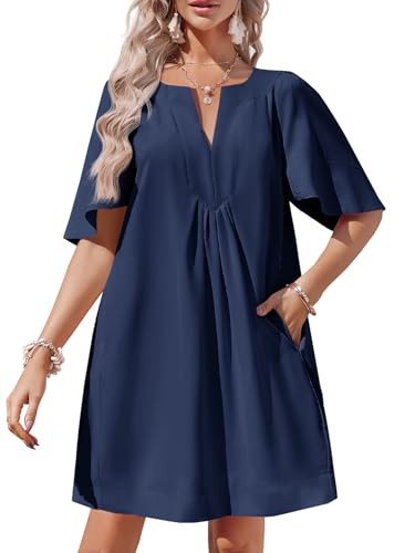 Wenrine Womens Flutter Short Sleeve Mini Dress Casual V Neck Loose Flowy Summer Dresses Navy | Amazon (US)