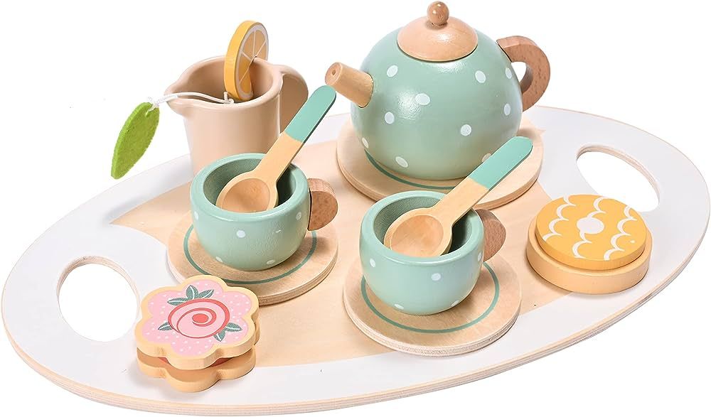15pcs Wooden Tea Set for Little Girls, MONT PLEASANT Wooden Toys, Toddler Tea Set Play Kitchen Ac... | Amazon (US)
